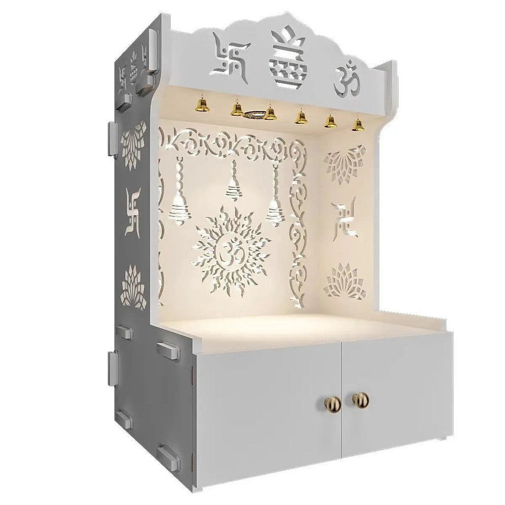 White Wooden Wall Mounted Temple with Engraved Om & Swastik Design Pooja Mandir for Home