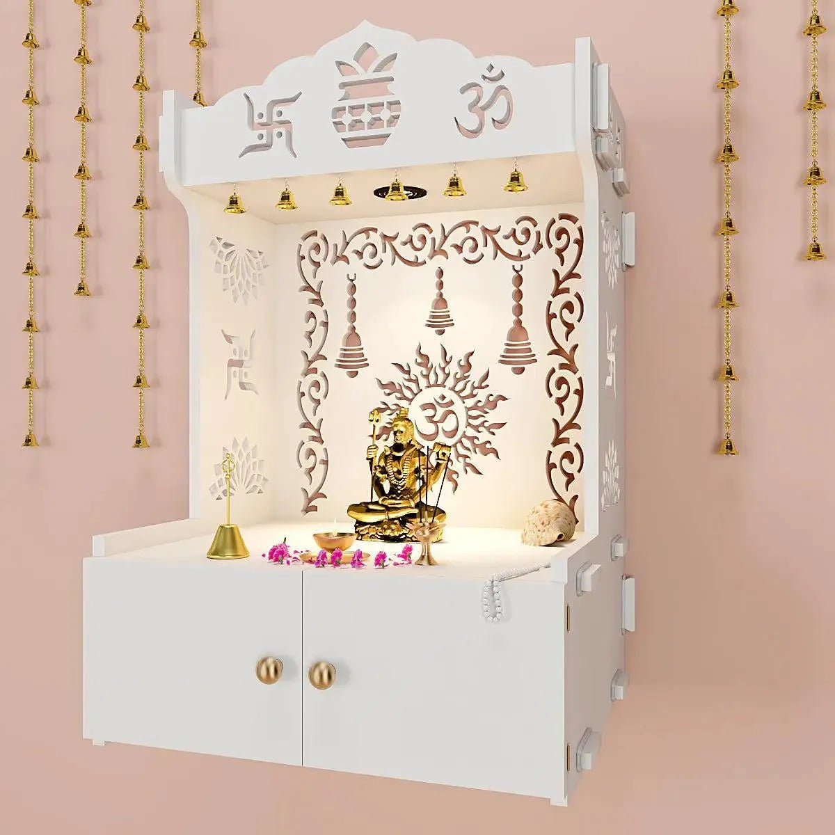 White Wooden Wall Mounted Temple with Engraved Om & Swastik Design Pooja Mandir for Home