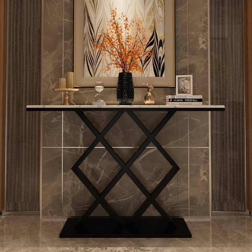 X - Rhombus Black Rectangular With Faux Marble Top Console Table - Decor Smart