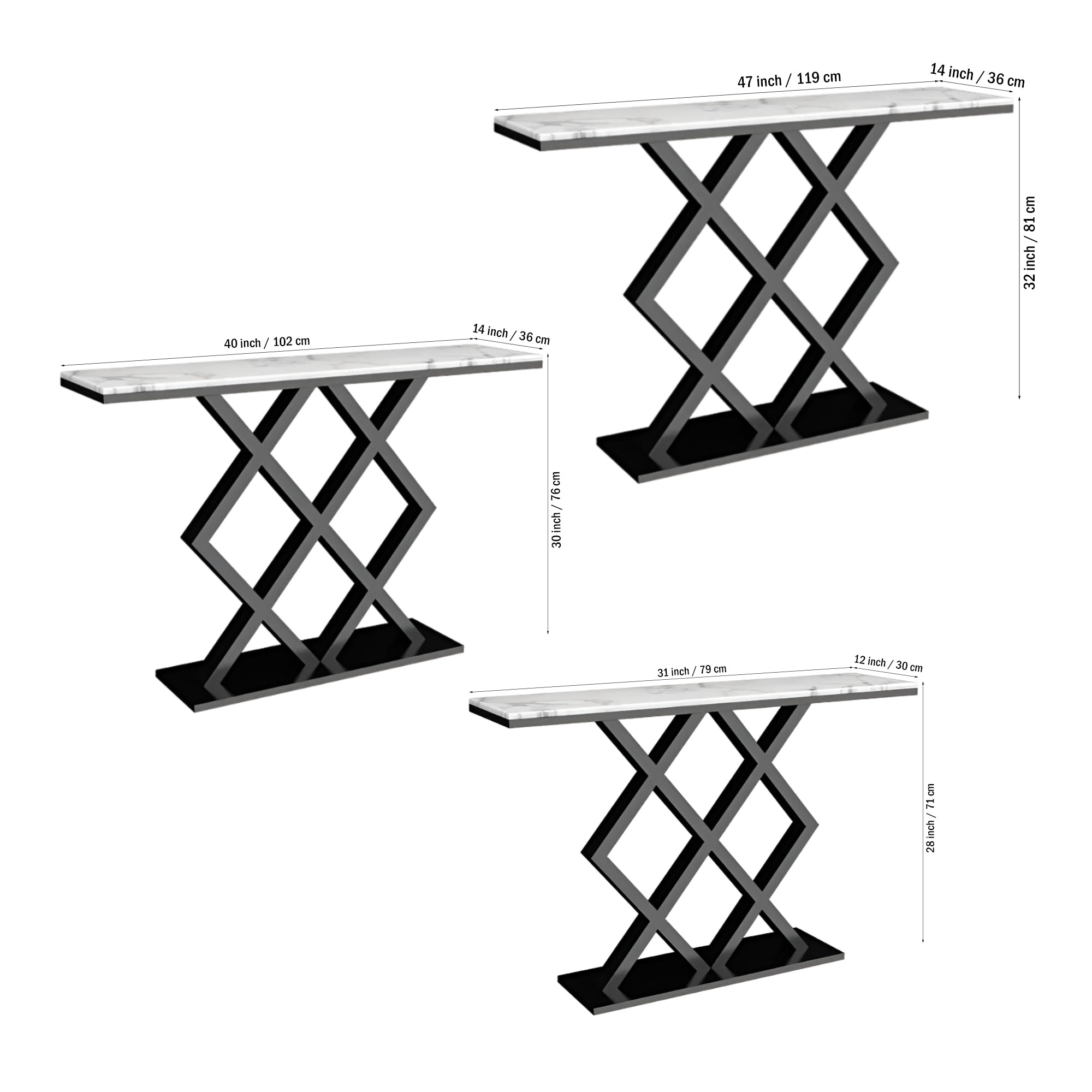 X - Rhombus Black Rectangular With Faux Marble Top Console Table - Decor Smart