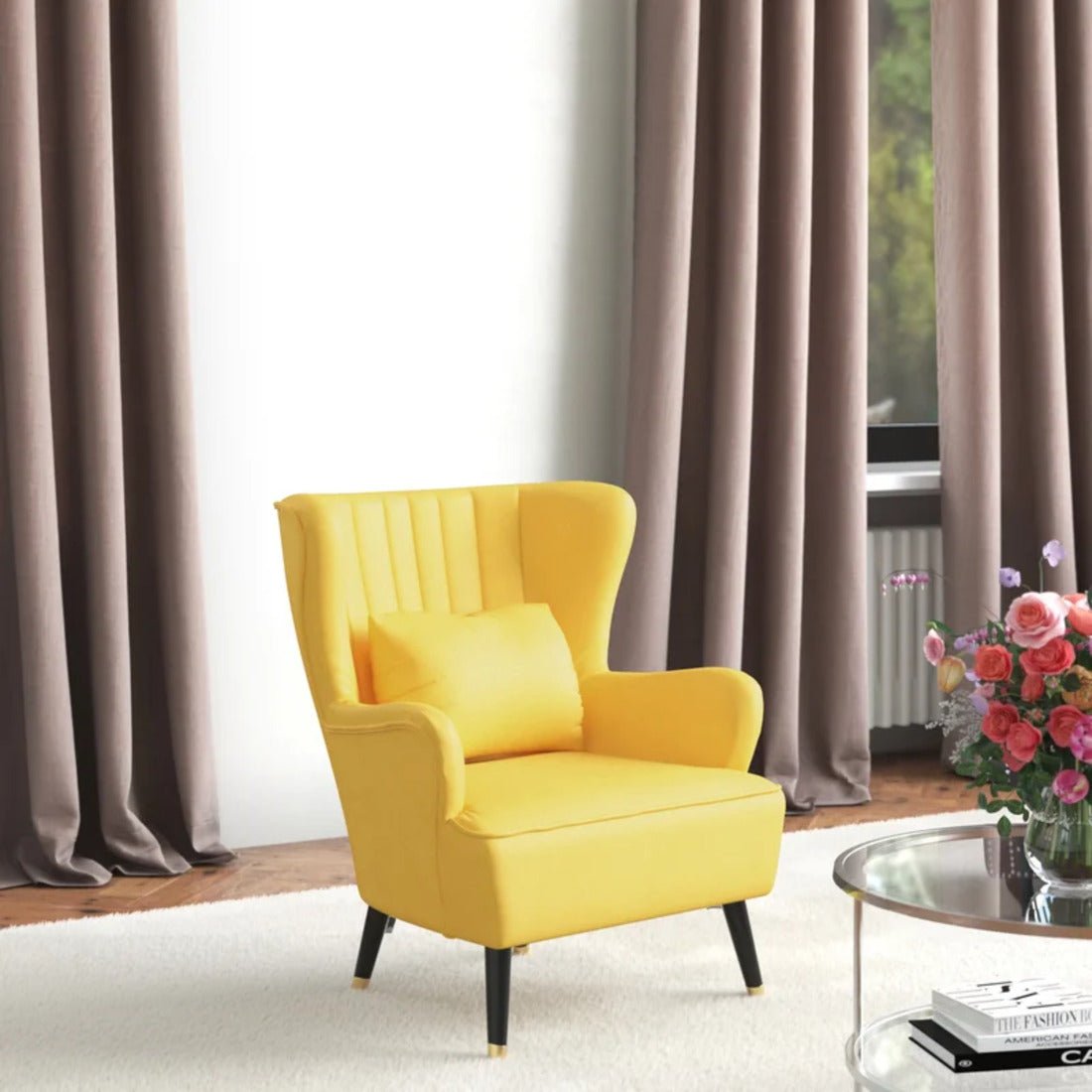 Yellow Color Tufted Accent Chair with Cushion - Decor Smart